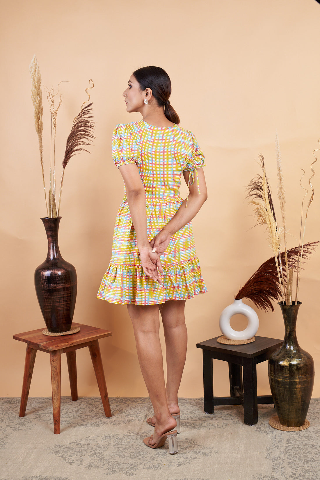 RY Yellow Chex Printed Mini Dress  for Casual /Gift For Her