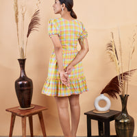 RY Yellow Chex Printed Mini Dress  for Casual /Gift For Her