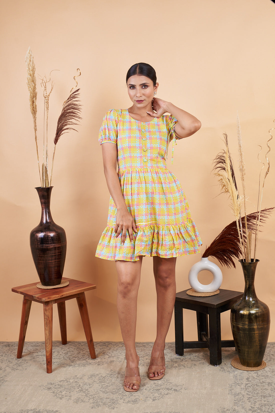 RY Yellow Chex Printed Mini Dress  for Casual /Gift For Her