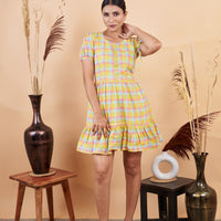 RY Yellow Chex Printed Mini Dress  for Casual /Gift For Her