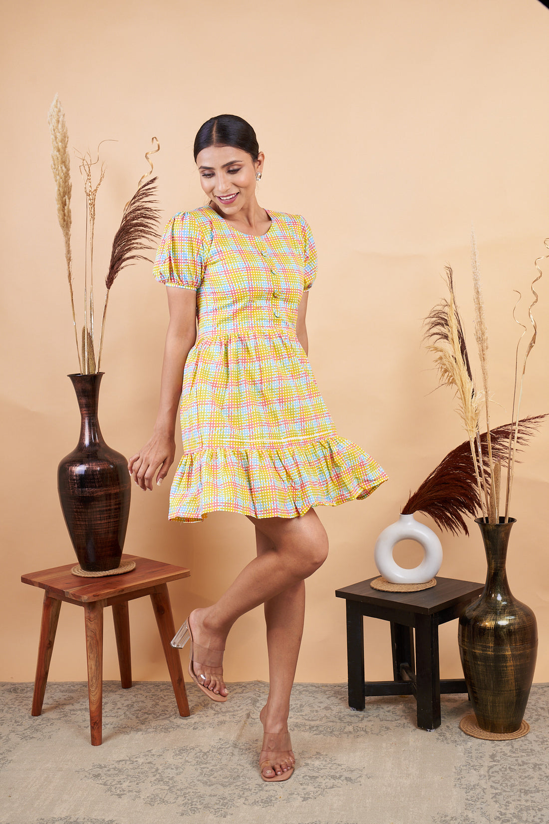 RY Yellow Chex Printed Mini Dress  for Casual /Gift For Her