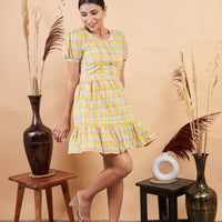 RY Yellow Chex Printed Mini Dress  for Casual /Gift For Her