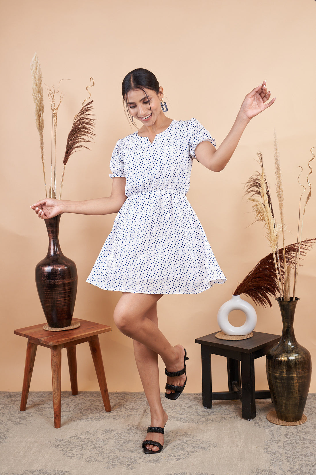RY Polka Print Mini Dress for Casual /Gift For Her
