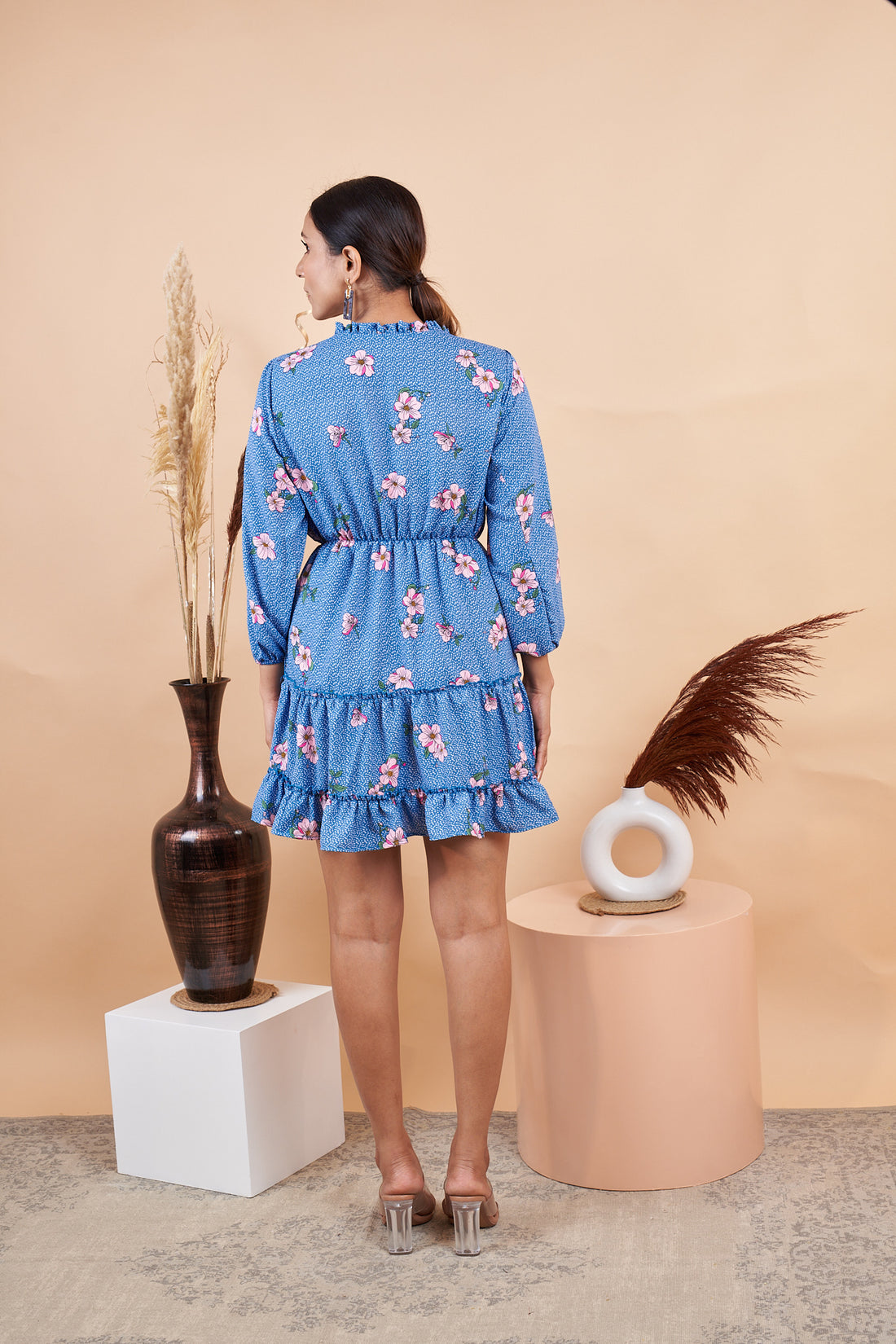 RY Blue Floral Mini Dress for Casual /Gift For Birthday