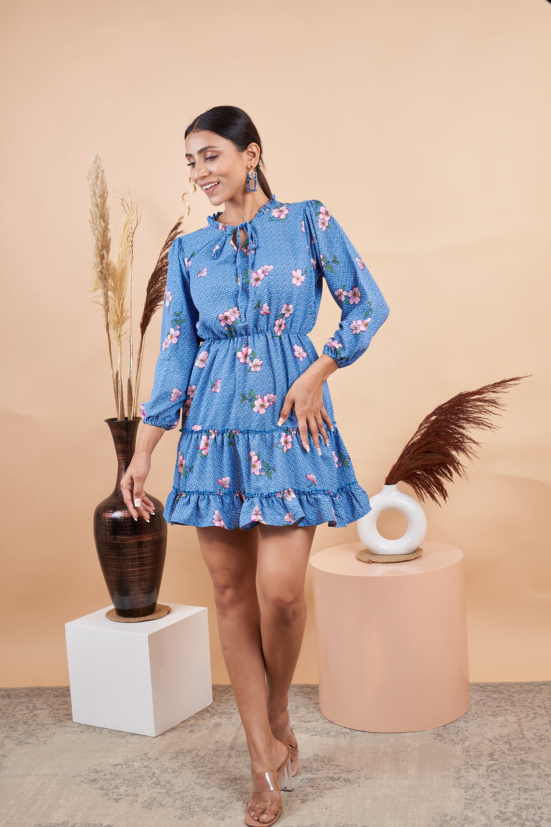 RY Blue Floral Mini Dress for Casual /Gift For Birthday