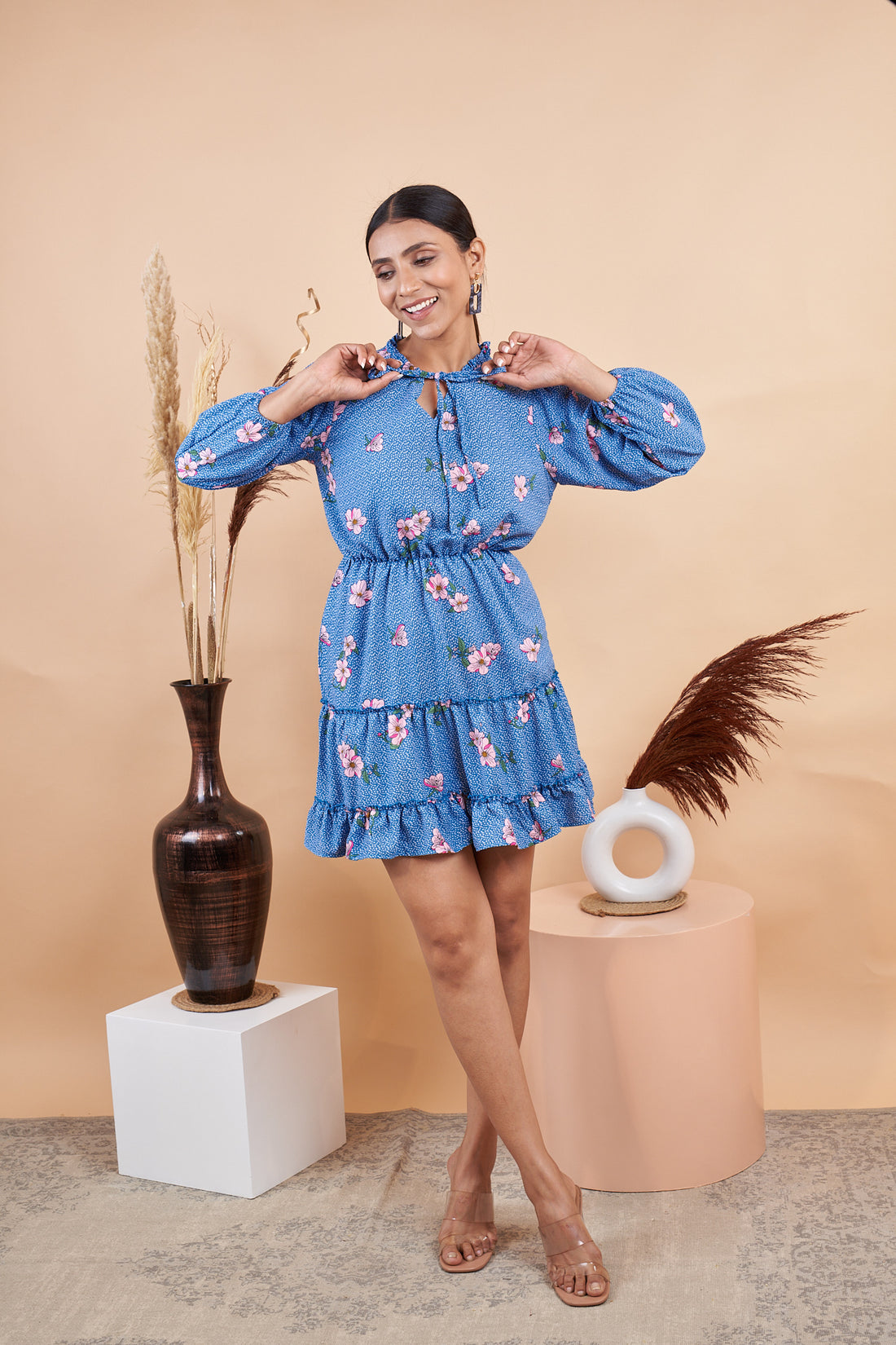 RY Blue Floral Mini Dress for Casual /Gift For Birthday