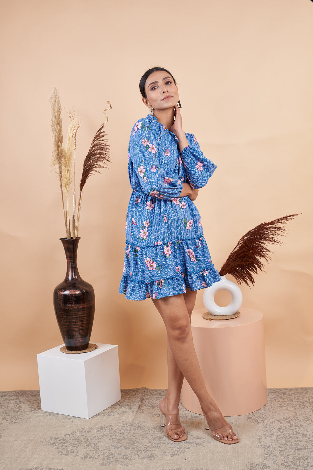 RY Blue Floral Mini Dress for Casual /Gift For Birthday