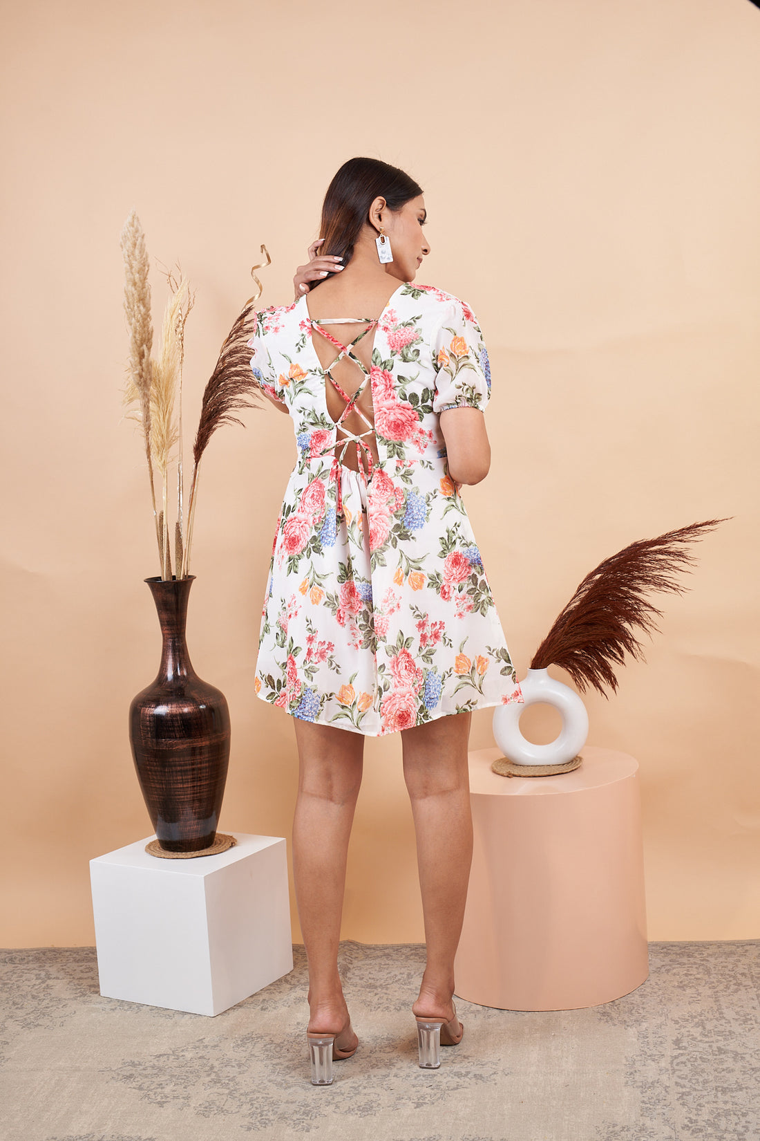RY White Backless Floral Mini Dress for Party /Gift For Her