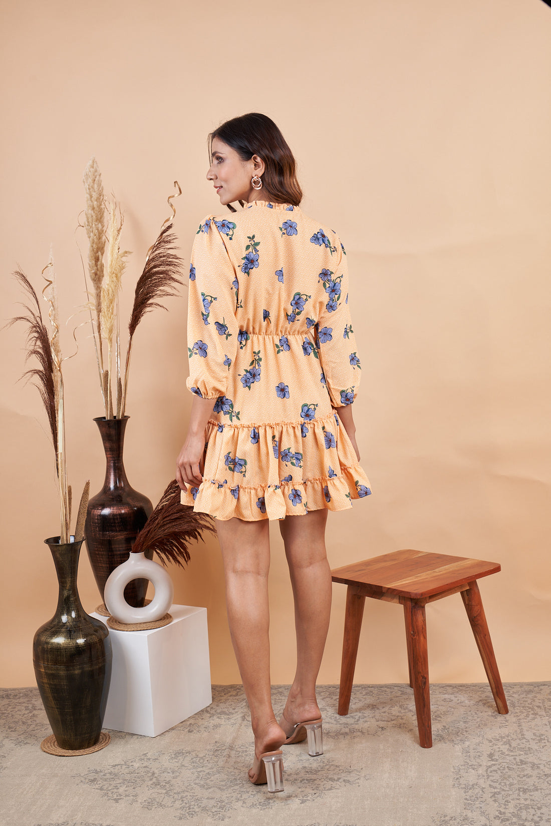 RY Orange Printed Floral Mini Dress for Casual /Gift For Birthday