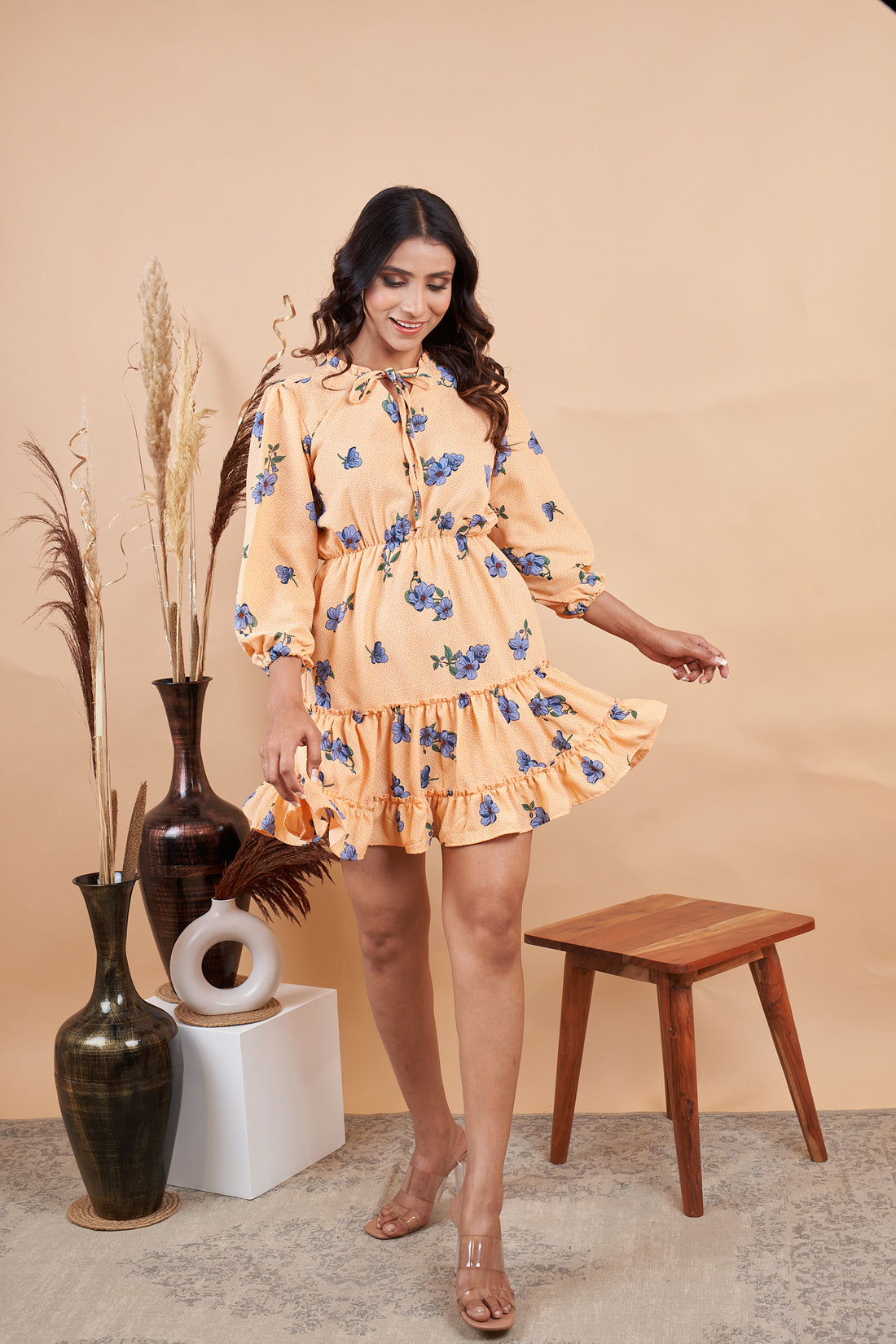 RY Orange Printed Floral Mini Dress for Casual /Gift For Birthday
