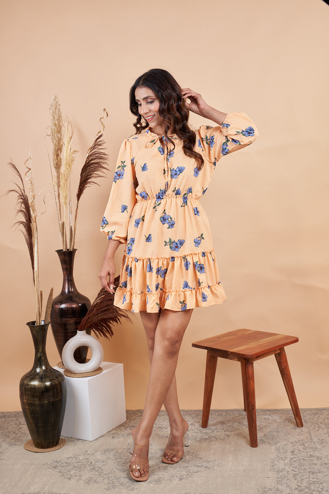RY Orange Printed Floral Mini Dress for Casual /Gift For Birthday