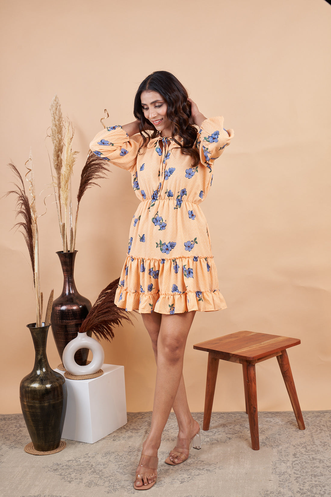 RY Orange Printed Floral Mini Dress for Casual /Gift For Birthday
