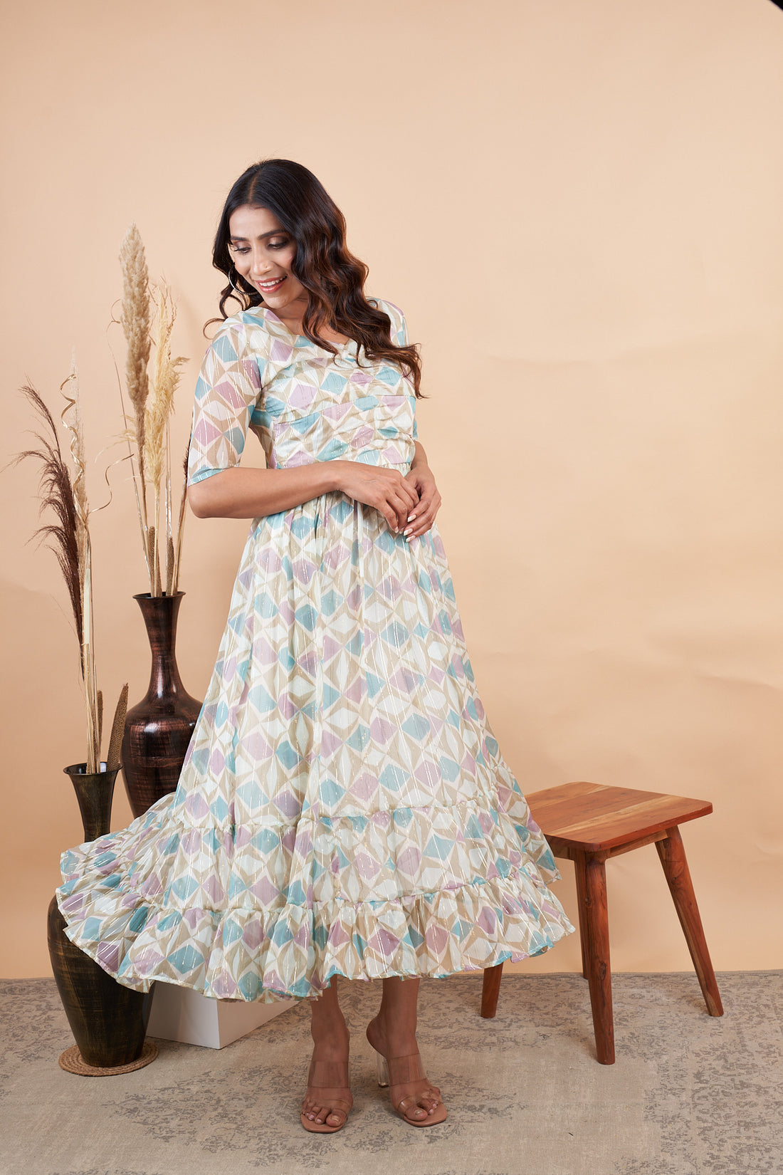 RY Diamond Print Mexi Dress for Casual /Gift For Her