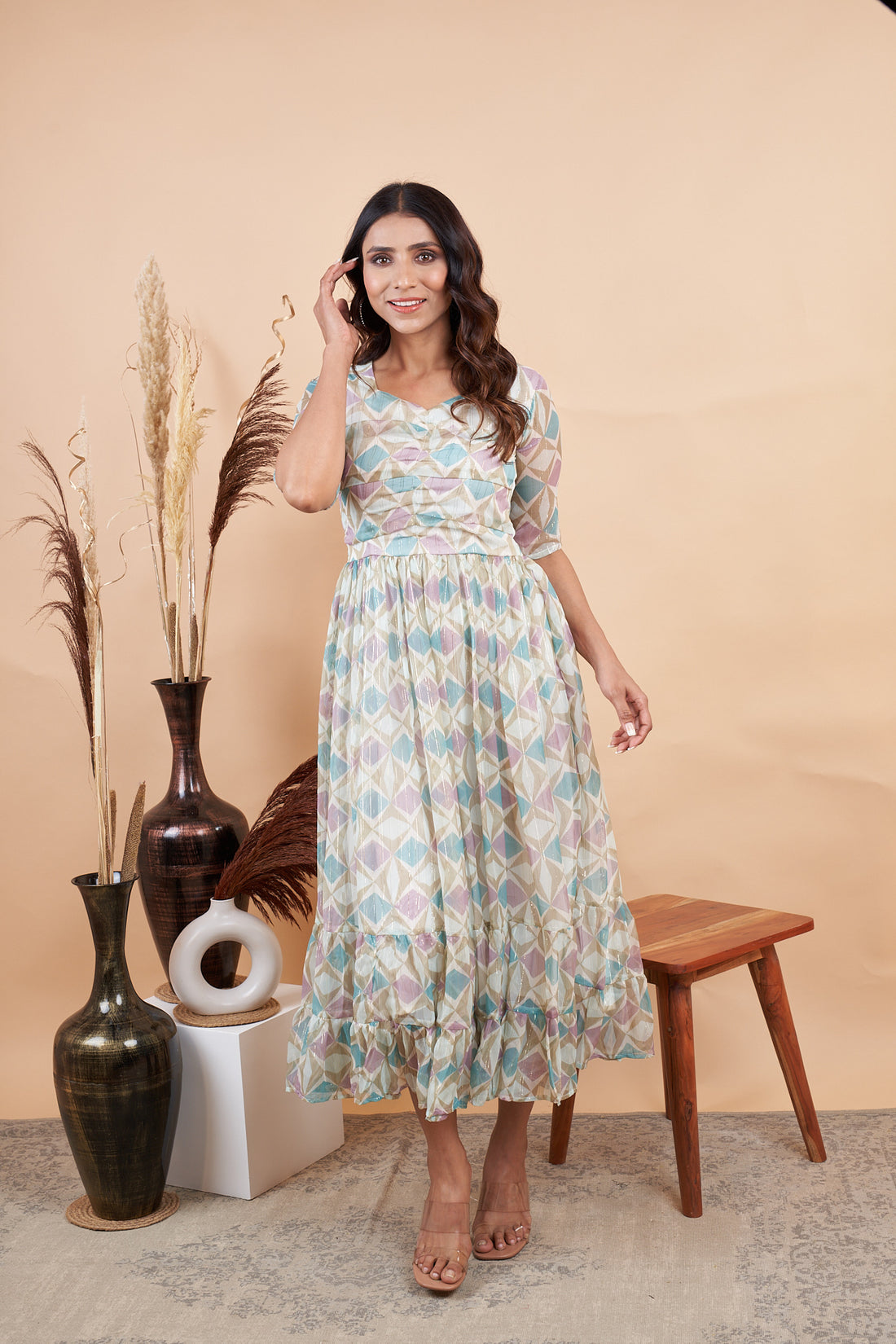 RY Diamond Print Mexi Dress for Casual /Gift For Her