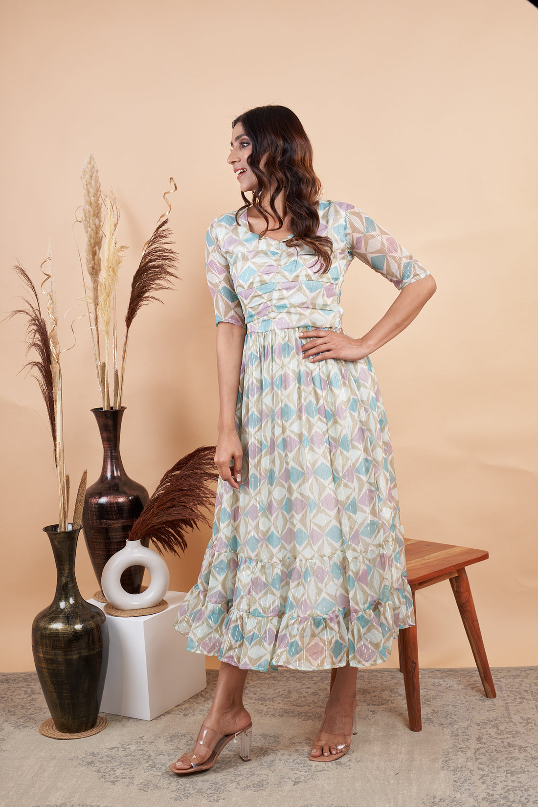 RY Diamond Print Mexi Dress for Casual /Gift For Her