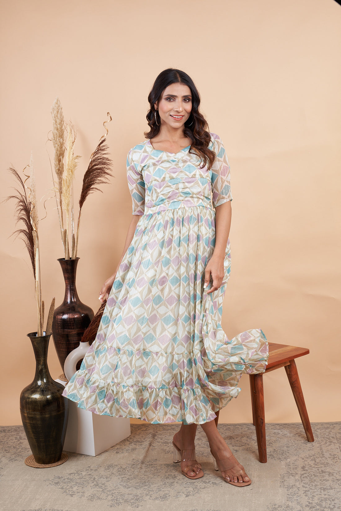 RY Diamond Print Mexi Dress for Casual /Gift For Her