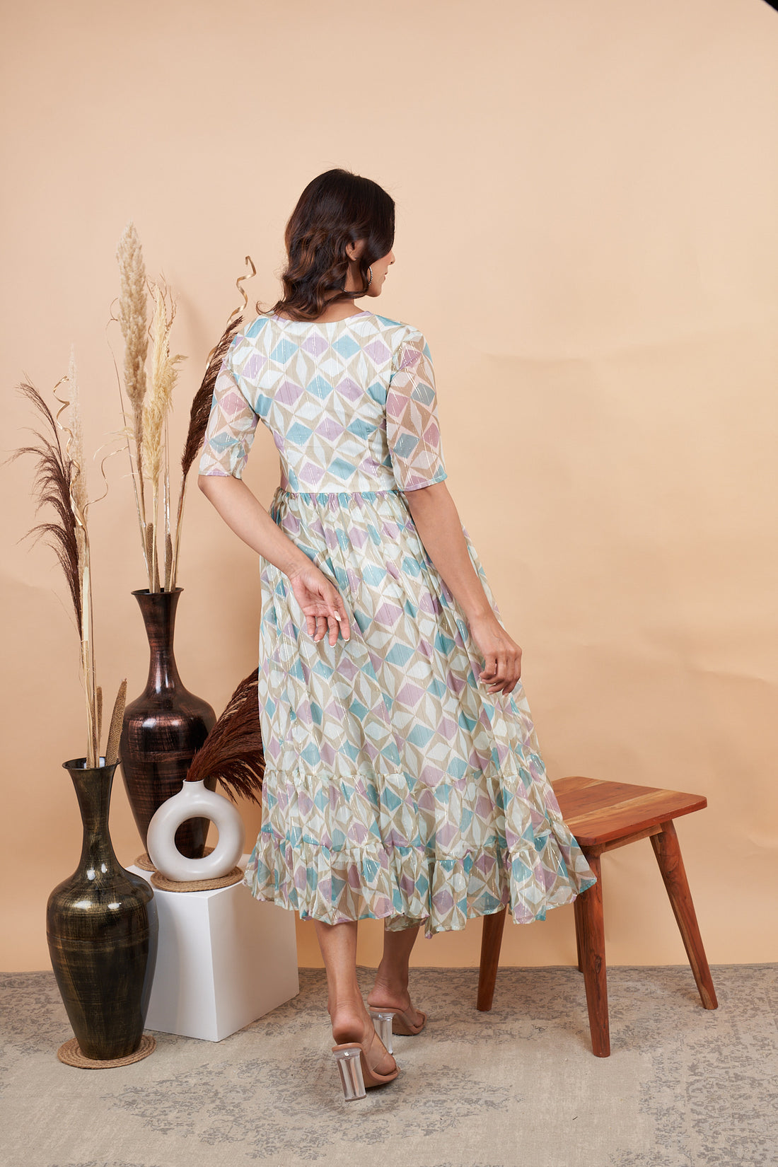 RY Diamond Print Mexi Dress for Casual /Gift For Her