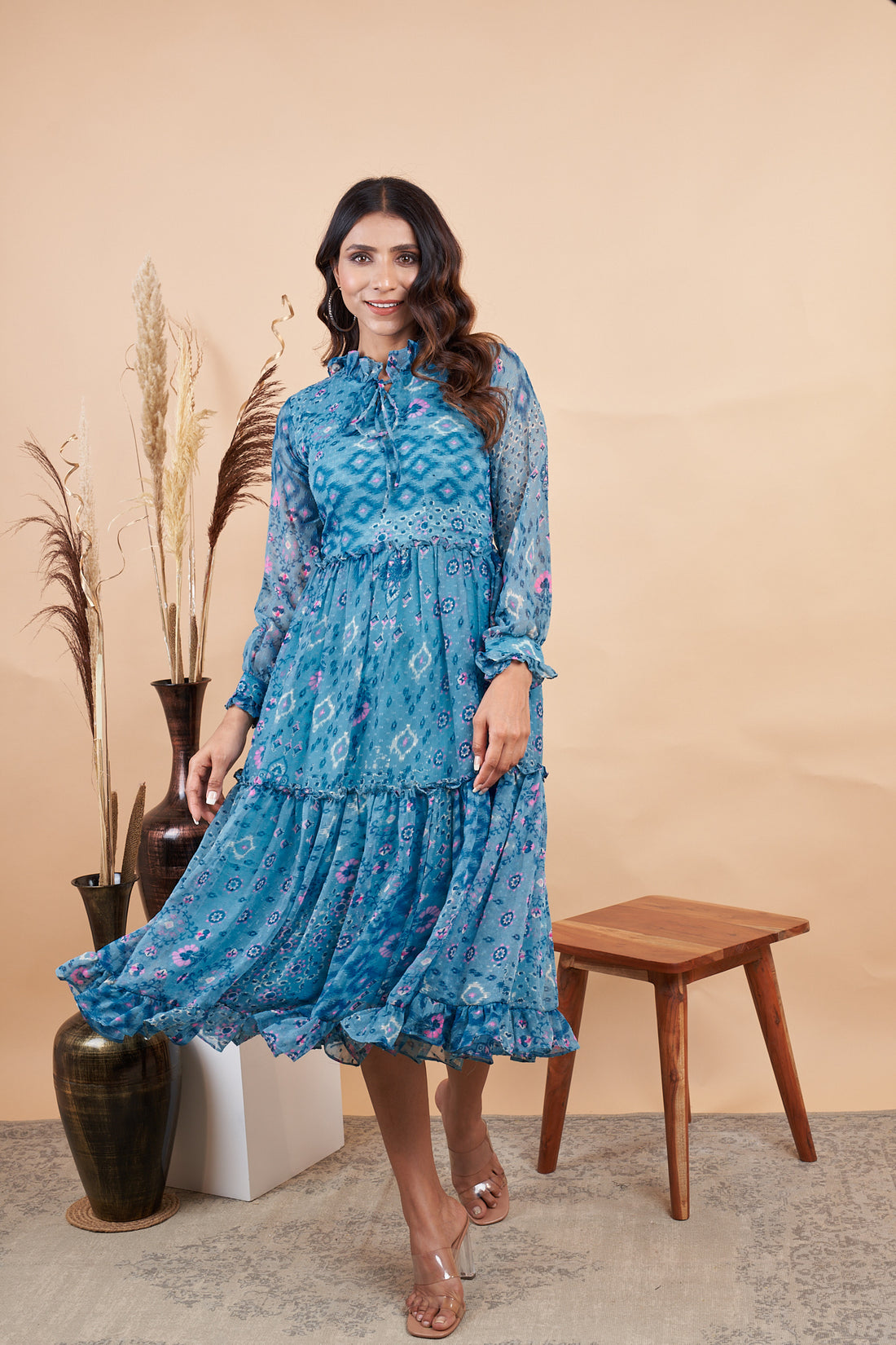RY Firozi Ruffle Printed Maxi Dress for Casual /Gift For Birthday