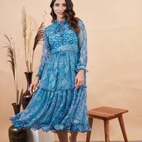 RY Firozi Ruffle Printed Maxi Dress for Casual /Gift For Birthday