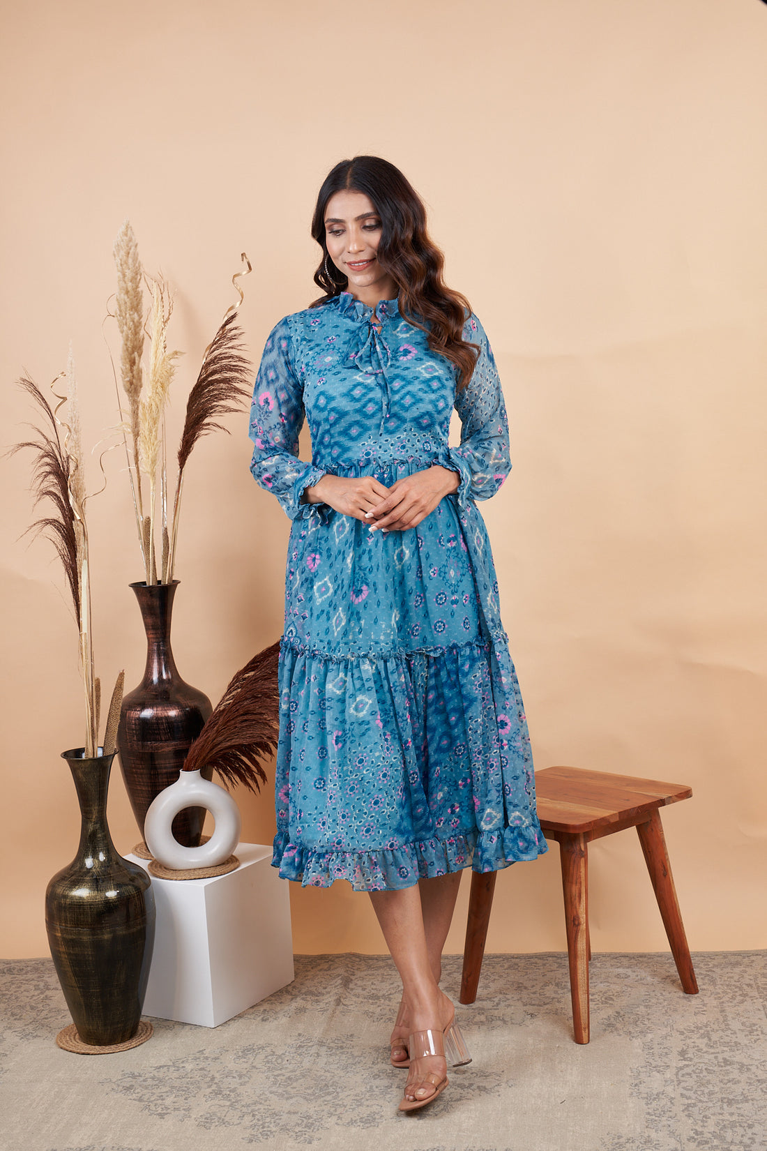RY Firozi Ruffle Printed Maxi Dress for Casual /Gift For Birthday
