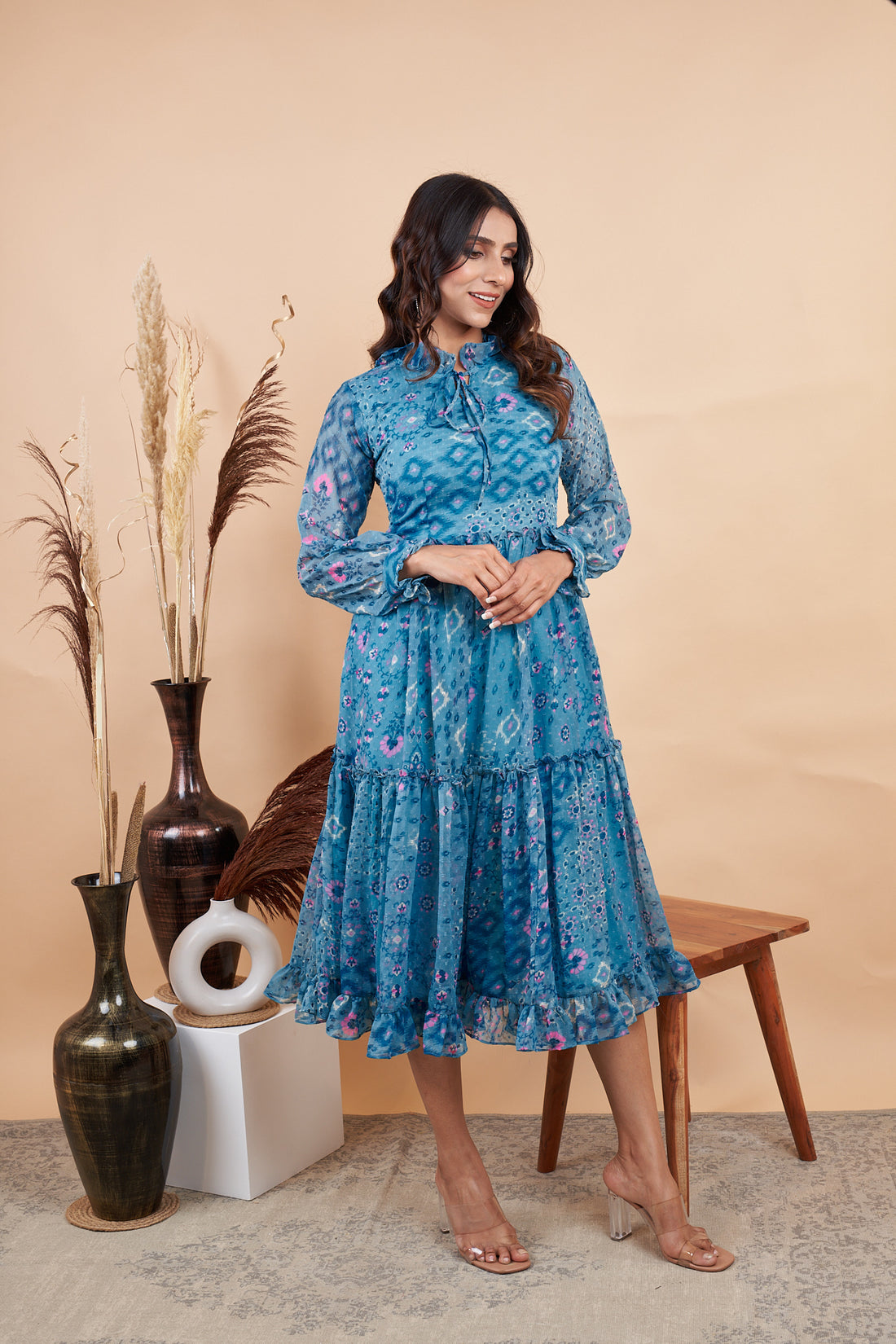 RY Firozi Ruffle Printed Maxi Dress for Casual /Gift For Birthday