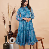 RY Firozi Ruffle Printed Maxi Dress for Casual /Gift For Birthday