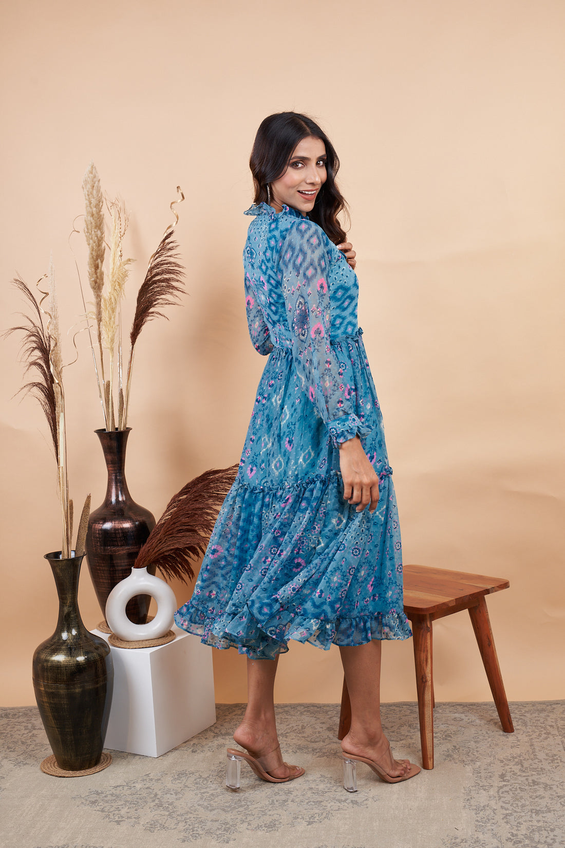 RY Firozi Ruffle Printed Maxi Dress for Casual /Gift For Birthday