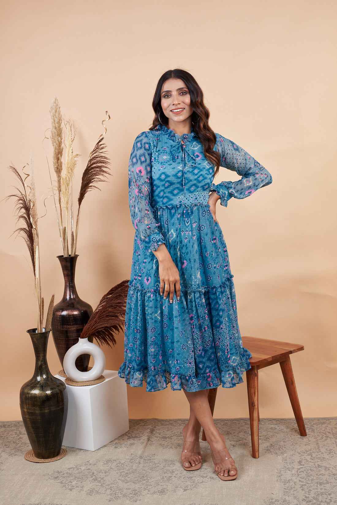 RY Firozi Ruffle Printed Maxi Dress for Casual /Gift For Birthday