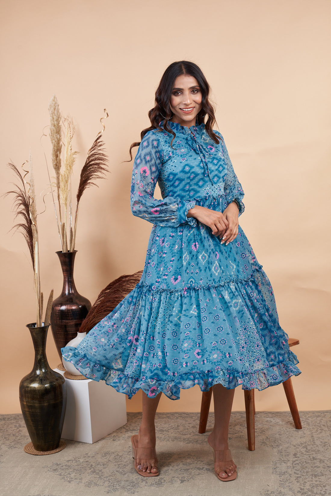 RY Firozi Ruffle Printed Maxi Dress for Casual /Gift For Birthday
