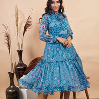 RY Firozi Ruffle Printed Maxi Dress for Casual /Gift For Birthday
