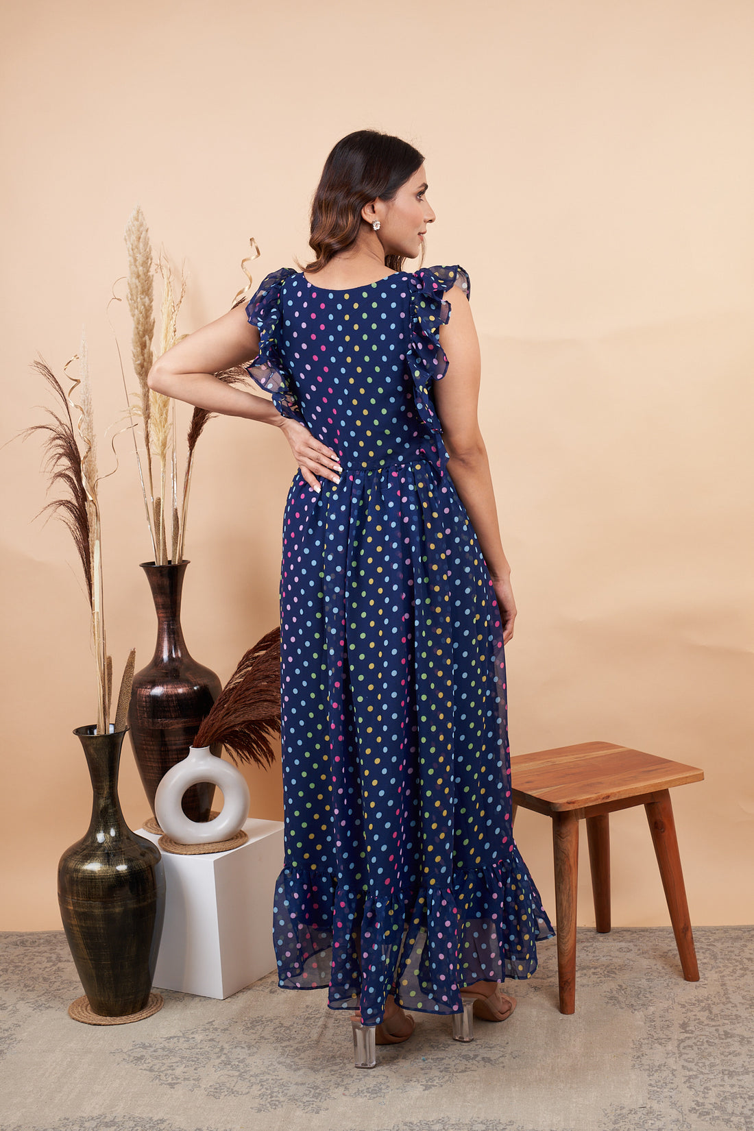 RY Nevy Blue Polka Dot Printed Maxi Dress for Casual /Gift For Birthday