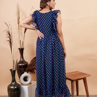 RY Nevy Blue Polka Dot Printed Maxi Dress for Casual /Gift For Birthday