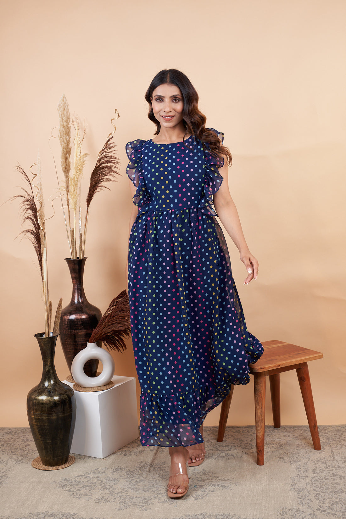RY Nevy Blue Polka Dot Printed Maxi Dress for Casual /Gift For Birthday