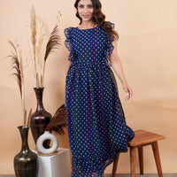 RY Nevy Blue Polka Dot Printed Maxi Dress for Casual /Gift For Birthday