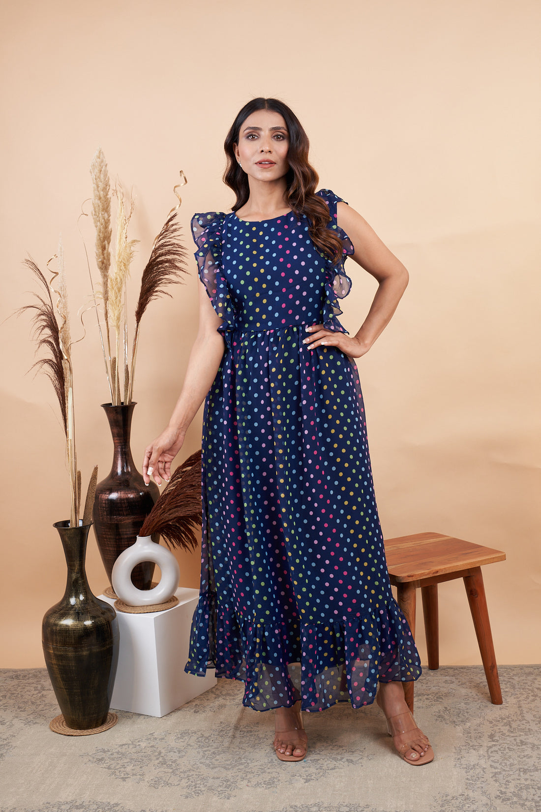 RY Nevy Blue Polka Dot Printed Maxi Dress for Casual /Gift For Birthday