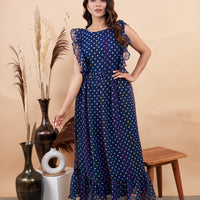 RY Nevy Blue Polka Dot Printed Maxi Dress for Casual /Gift For Birthday