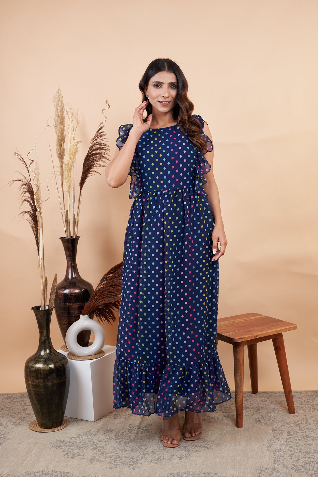 RY Nevy Blue Polka Dot Printed Maxi Dress for Casual /Gift For Birthday