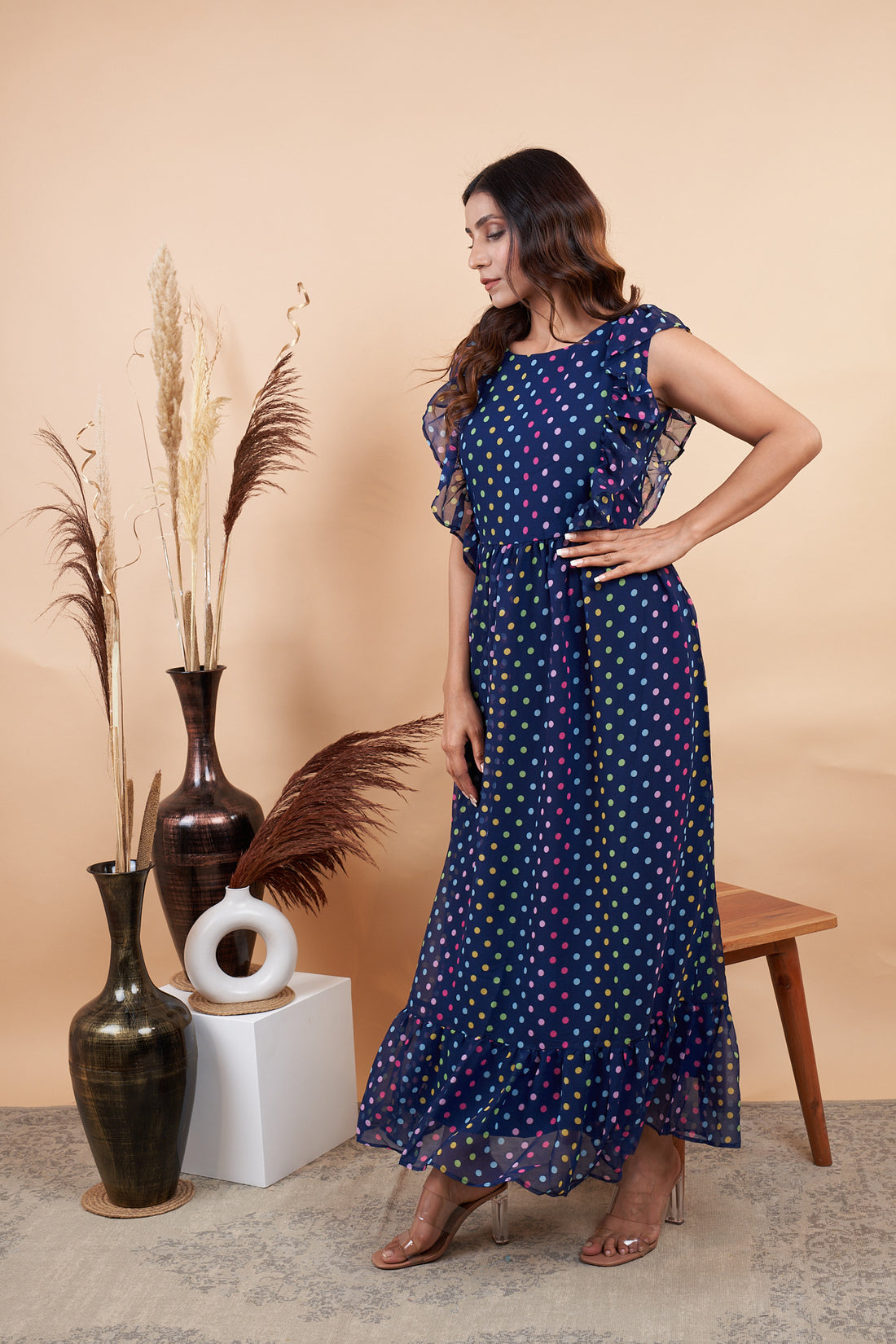 RY Nevy Blue Polka Dot Printed Maxi Dress for Casual /Gift For Birthday