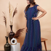 RY Nevy Blue Polka Dot Printed Maxi Dress for Casual /Gift For Birthday