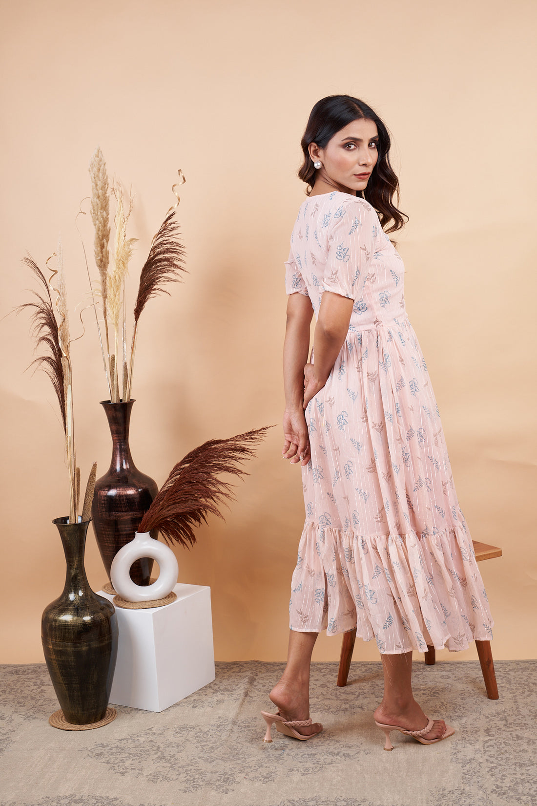RY Baby Pink Leaf Printed Maxi Dress for Casual /Gift For Birthday