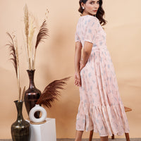 RY Baby Pink Leaf Printed Maxi Dress for Casual /Gift For Birthday