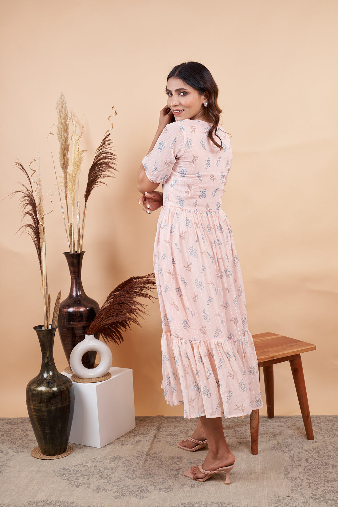 RY Baby Pink Leaf Printed Maxi Dress for Casual /Gift For Birthday