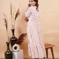 RY Baby Pink Leaf Printed Maxi Dress for Casual /Gift For Birthday