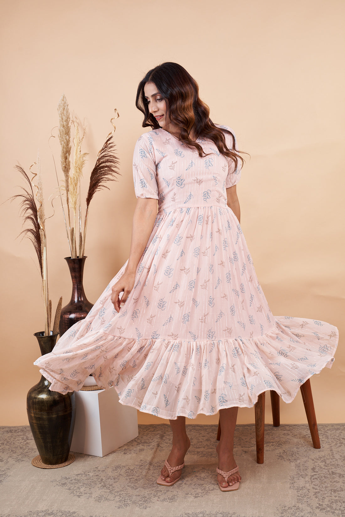 RY Baby Pink Leaf Printed Maxi Dress for Casual /Gift For Birthday