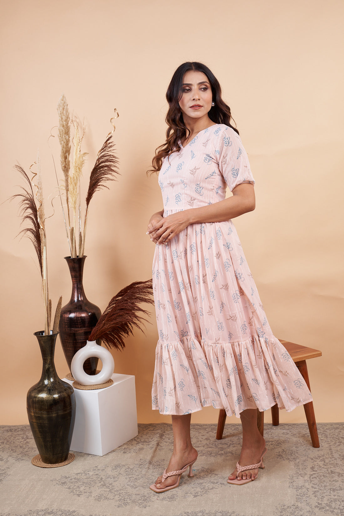 RY Baby Pink Leaf Printed Maxi Dress for Casual /Gift For Birthday