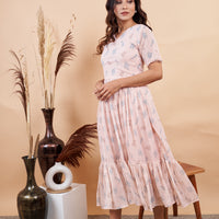 RY Baby Pink Leaf Printed Maxi Dress for Casual /Gift For Birthday