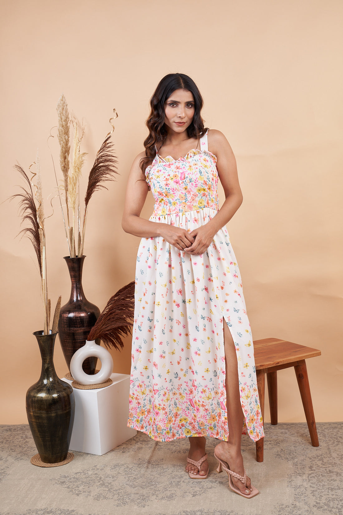 RY Floral White Sleeveless Gown for Special Day/Gift For Birthday