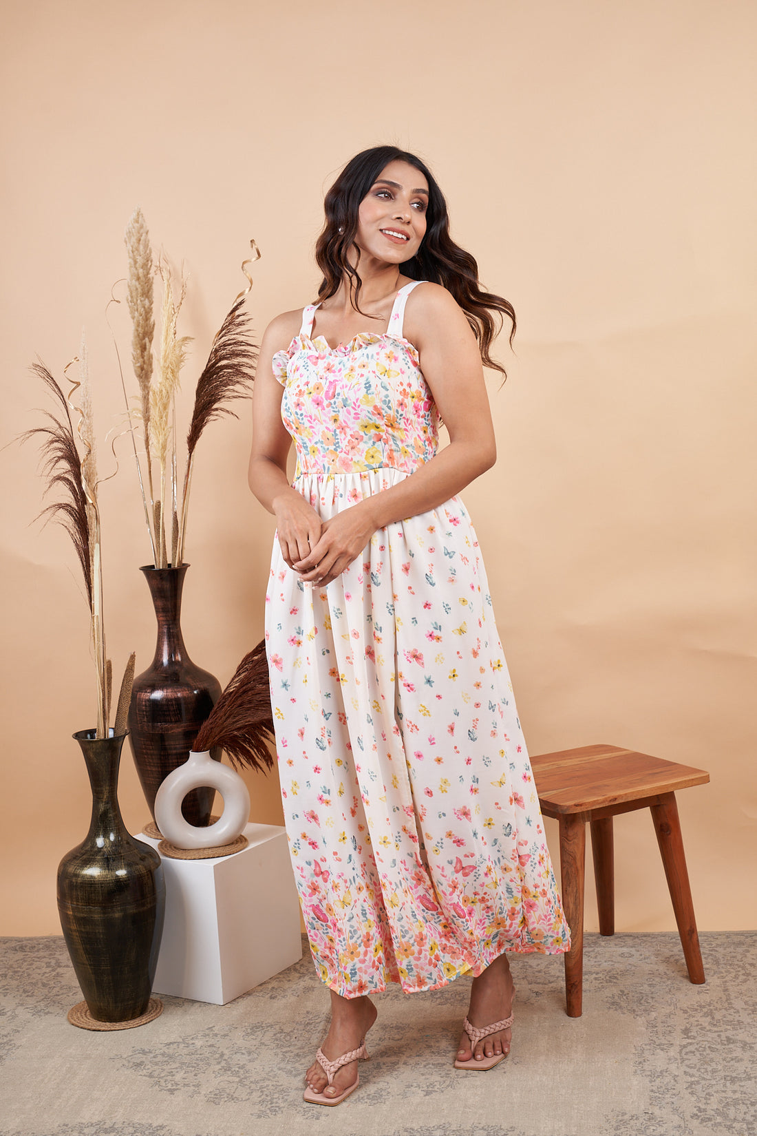 RY Floral White Sleeveless Gown for Special Day/Gift For Birthday