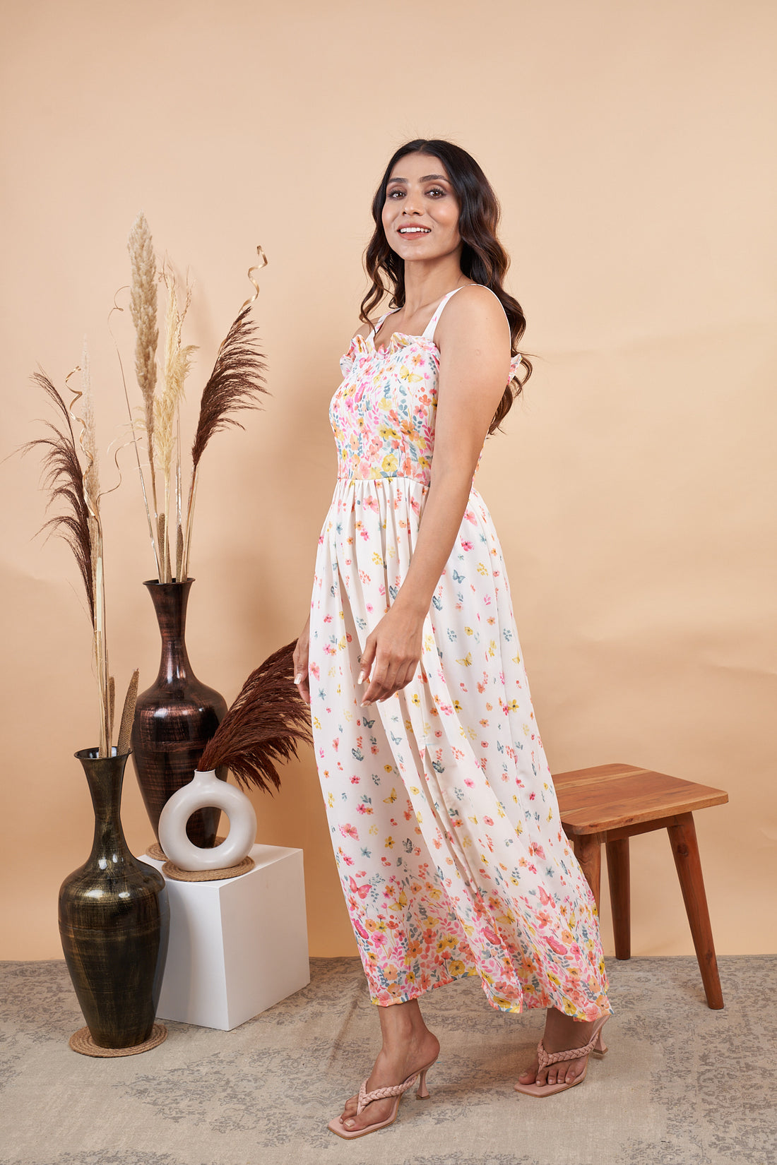RY Floral White Sleeveless Gown for Special Day/Gift For Birthday