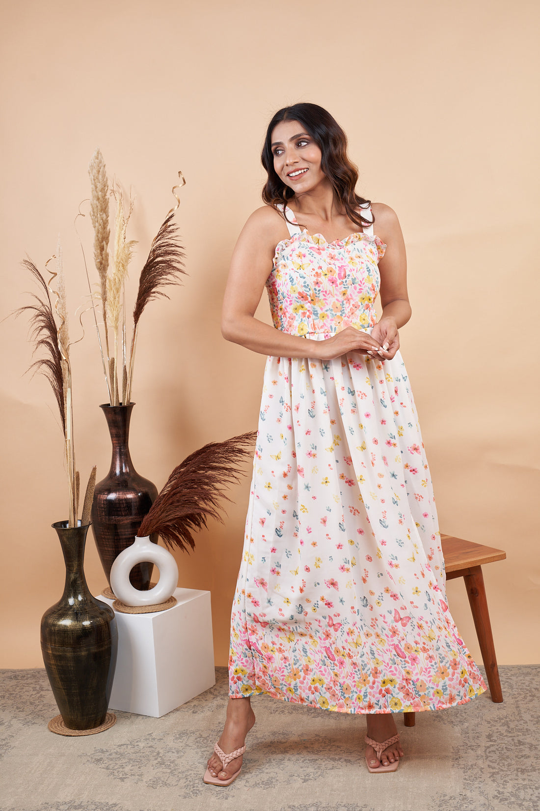 RY Floral White Sleeveless Gown for Special Day/Gift For Birthday